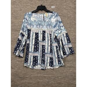 Fig And Flower Blouse Womens XL Blue Floral Crochet Boho Tunic Top 3/4 Sleeve